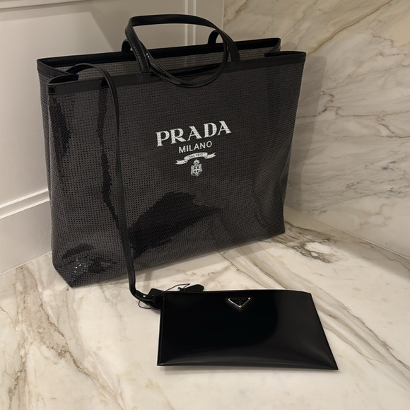 NWT Prada Sequined Logo Print Mesh Tote Bag - Picture 11 of 15